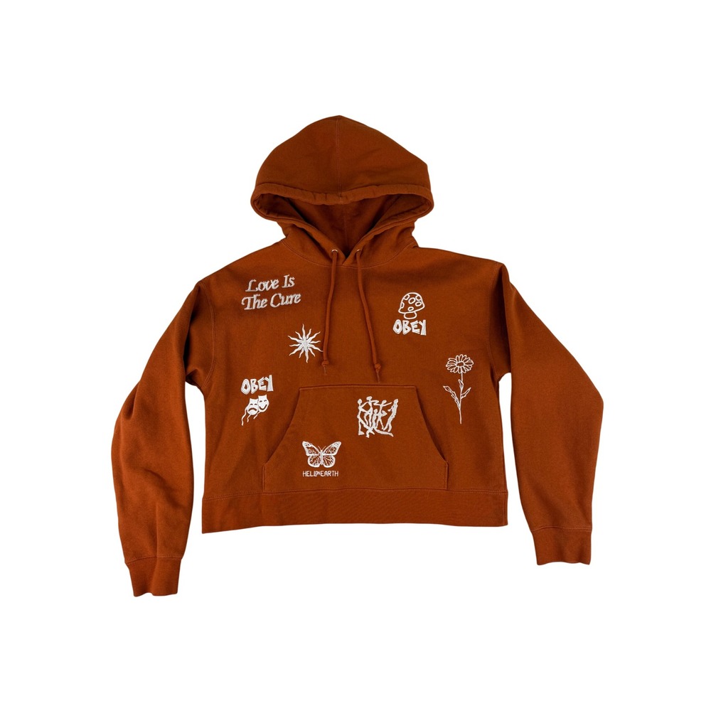 Obey Hoodie Womens Small Orange Love Is The Cure Embroidered Cropped Sweatshirt